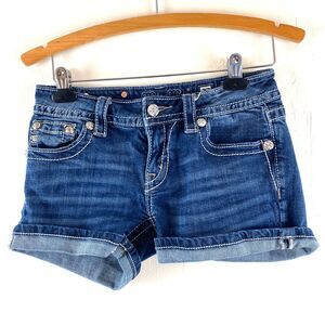 Miss Me Shorts Women 27 Blue Signature Flap Pocket Bling Thick Stitch Fray Denim